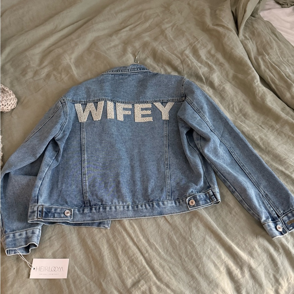 Wifey Varsity Pearl Lettered Denim Jacket for Bride